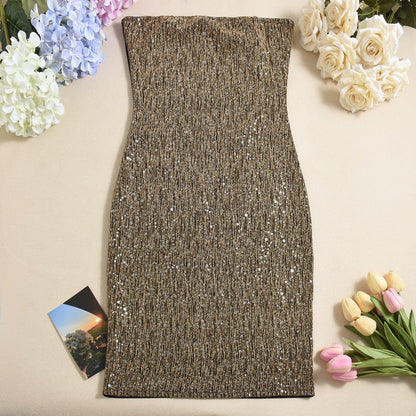 Vestido Fiesta Lentejuelas Corte Fino sin Tirantes