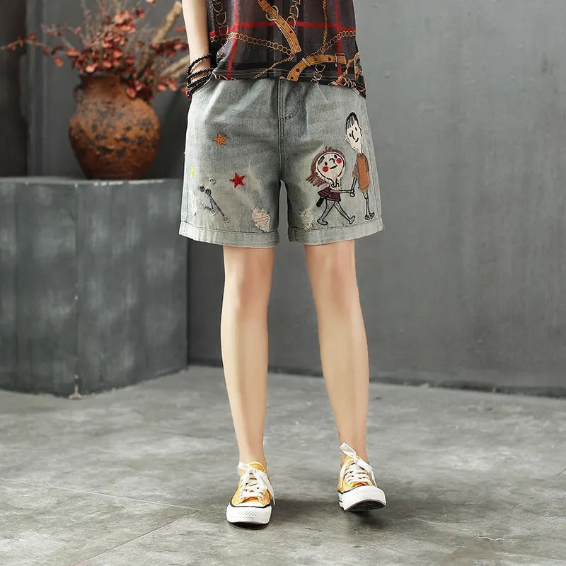 Pantalones cortos vaqueros elásticos con estampado divertido