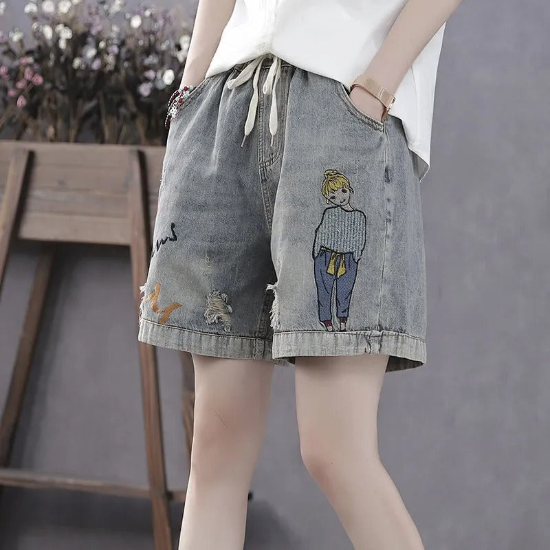 Pantalones cortos vaqueros elásticos con estampado divertido