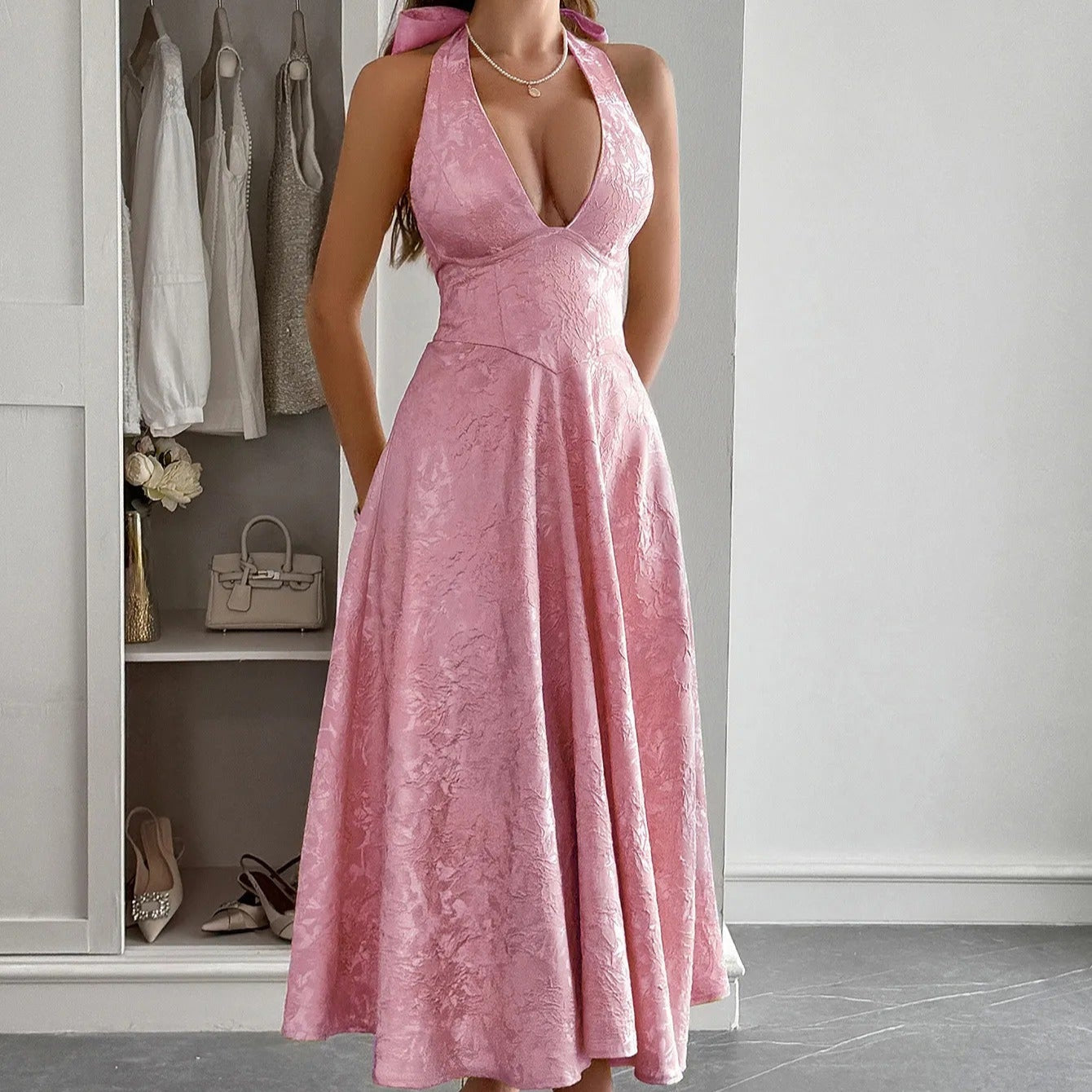 Vestido Mujer Midi Elegante Escote Halter