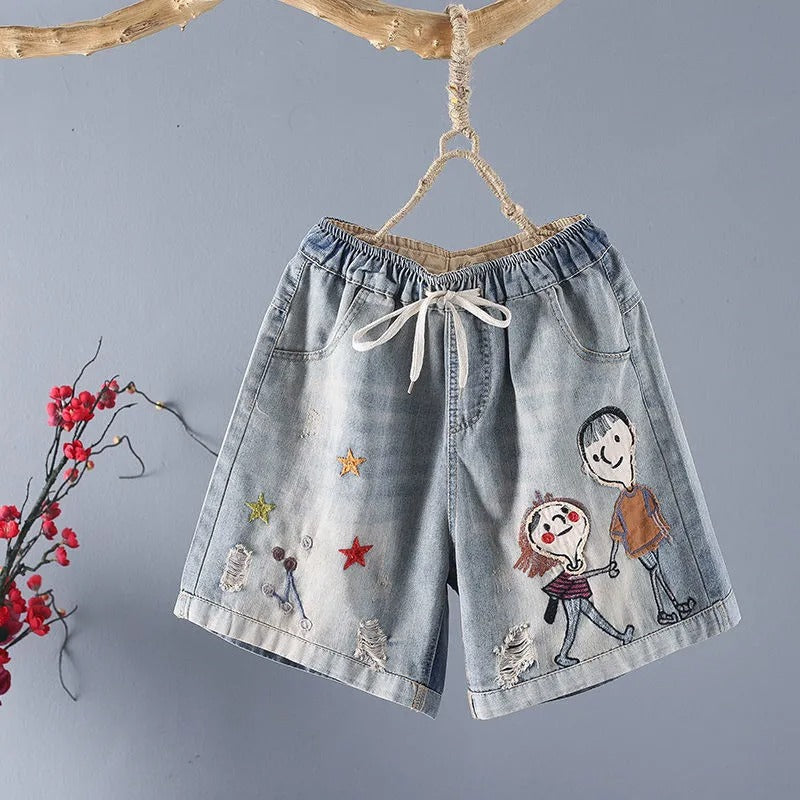 Pantalones cortos vaqueros elásticos con estampado divertido - Vestiria