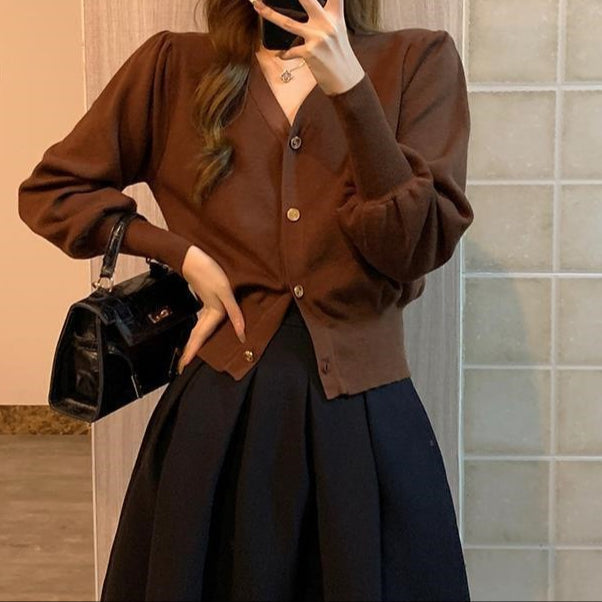Cárdigan Mujer Manga Rizada Escote en V Estilo Clásico - Vestiria