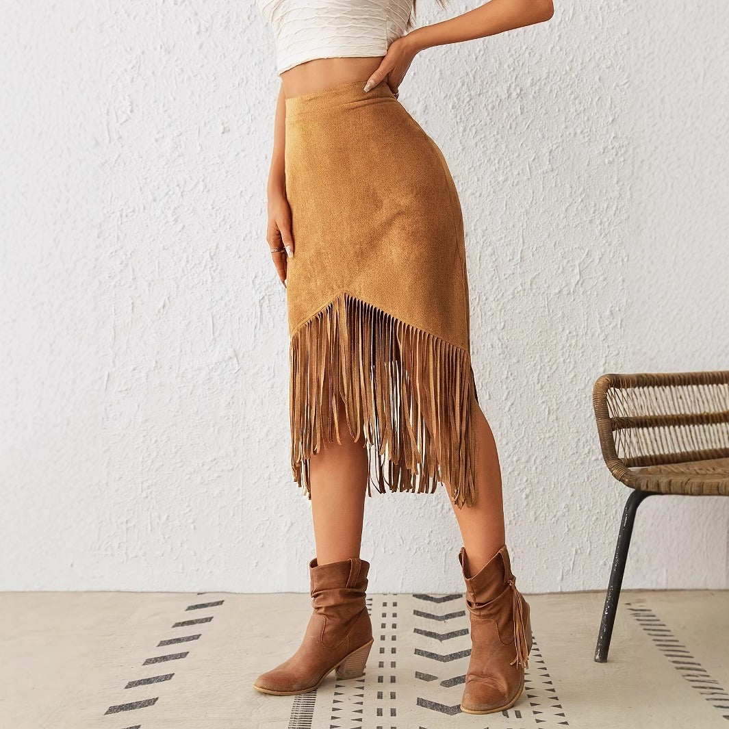 Falda Midi Boho Mujer con Flecos Estilo Chic