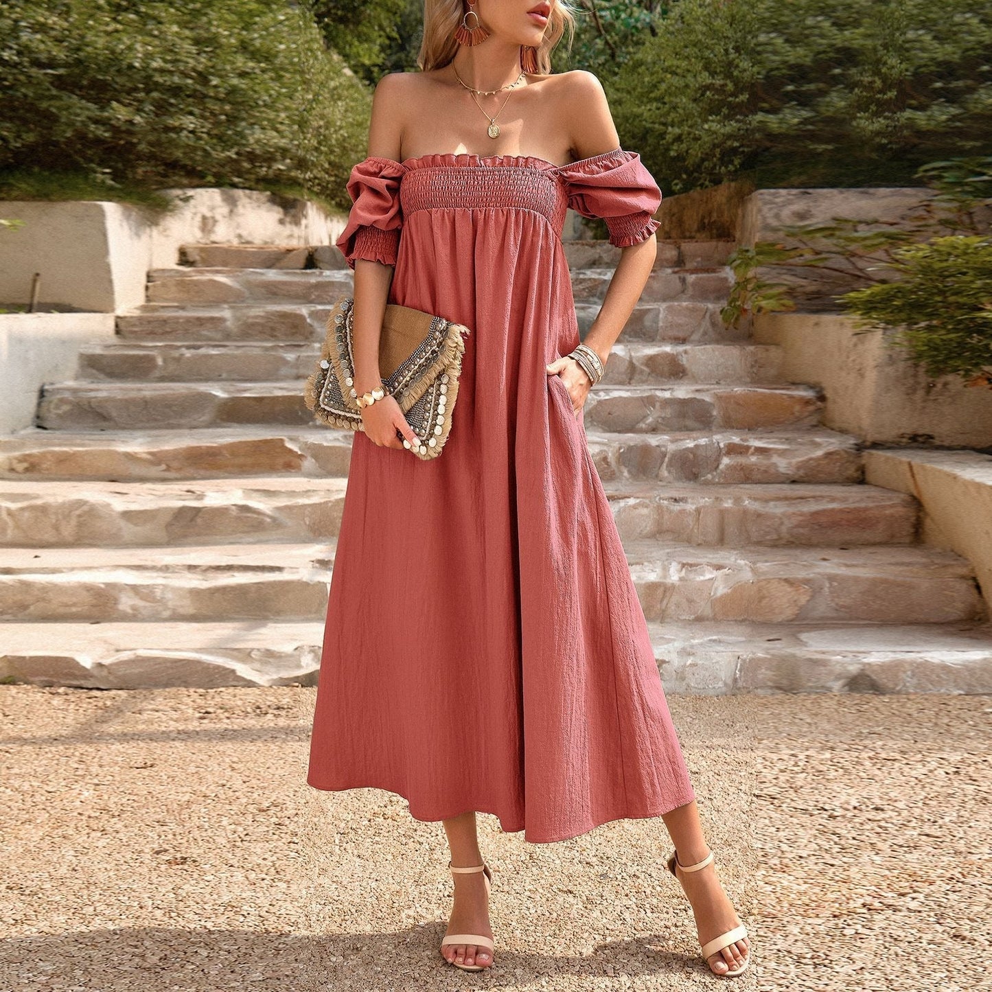 Vestido Boho Largo Escote Bardot Floral - Vestiria