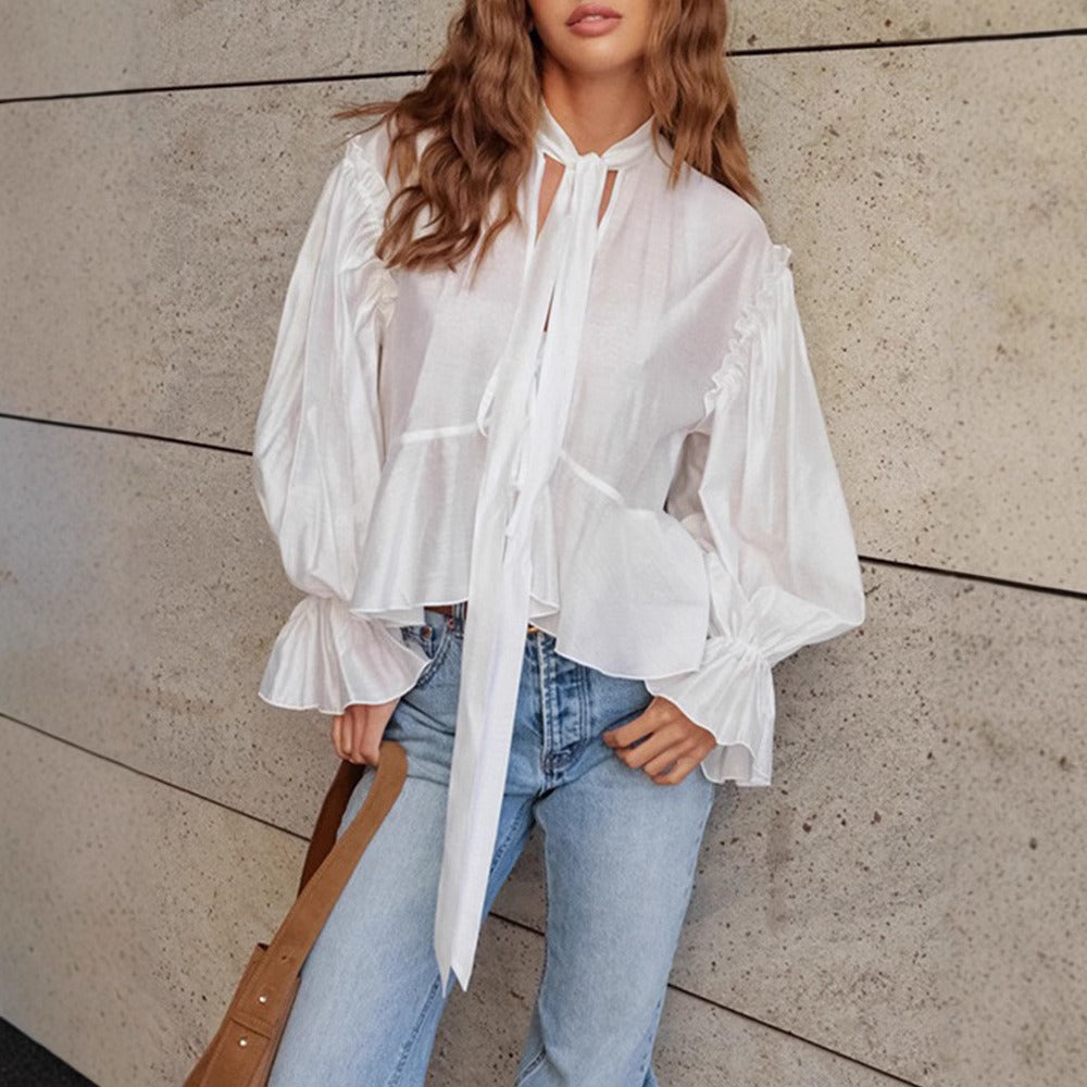Blusa Mujer Romántica Algodón Lazo Azul Cielo - Vestiria