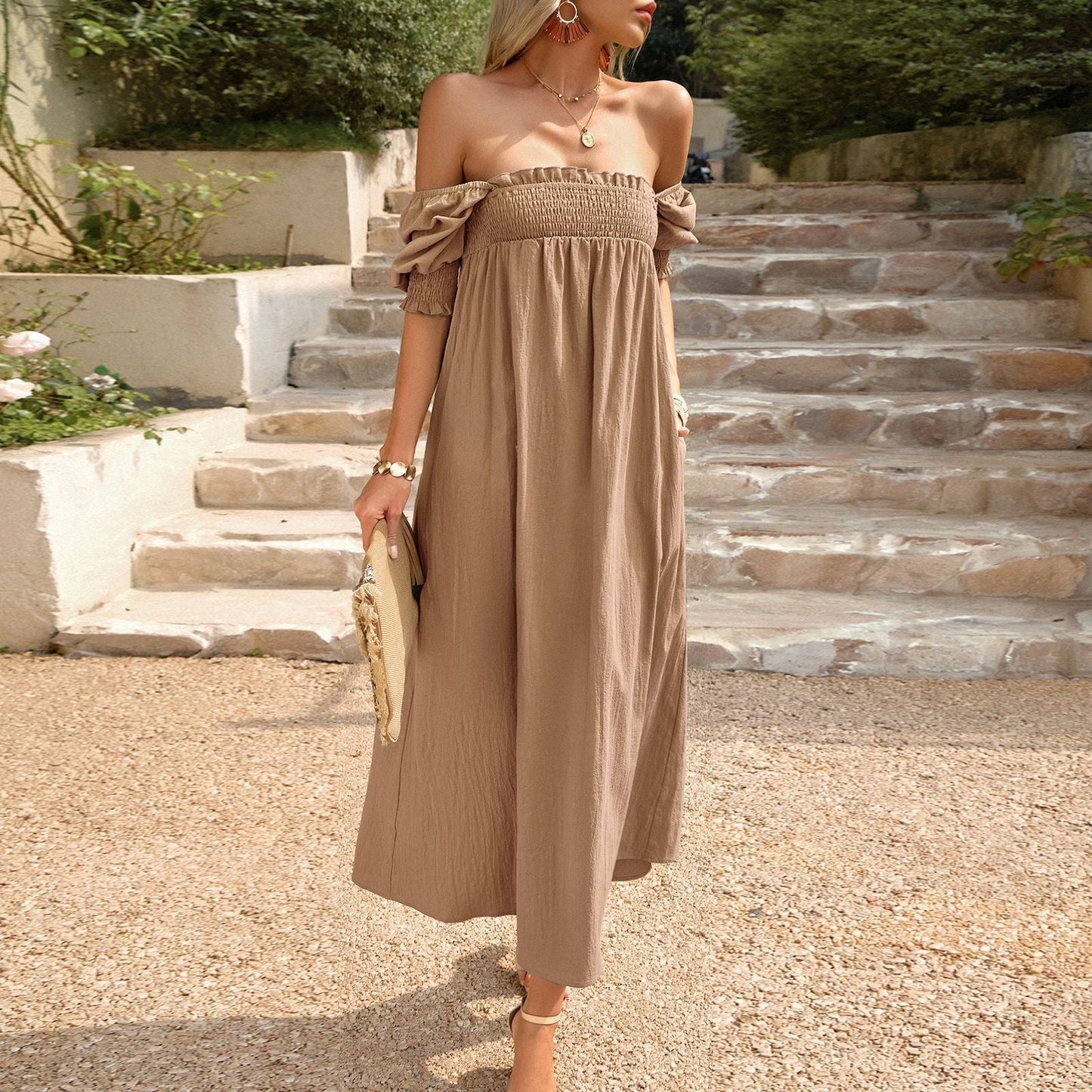 Vestido Boho Largo Escote Bardot Floral