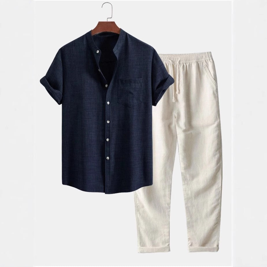 Traje de lino hombre cuello mao pantalón recto