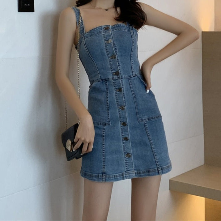 Vestido Denim Mini Ajustado con Tirantes - Vestiria