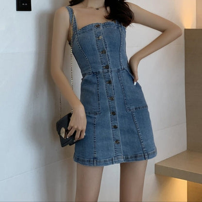 Vestido Denim Mini Ajustado con Tirantes - Vestiria