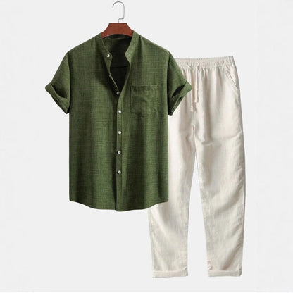 Traje de lino hombre cuello mao pantalón recto - Vestiria
