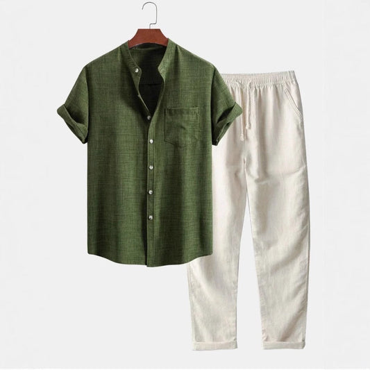 Traje de lino hombre cuello mao pantalón recto - Vestiria