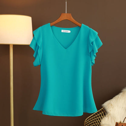 Blusa de mujer gasa ligera con volantes y escote pico - Vestiria