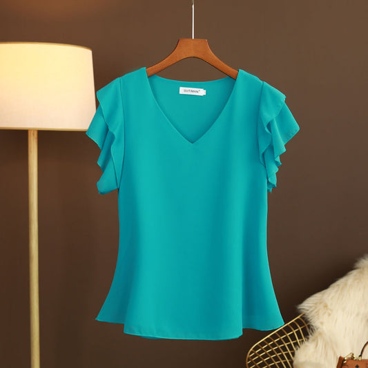 Blusa de mujer gasa ligera con volantes y escote pico - Vestiria
