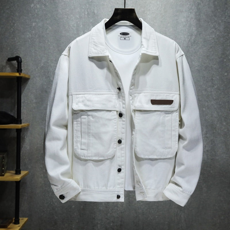Chaqueta Hombre Cuero Negro Militar con Bolsillos