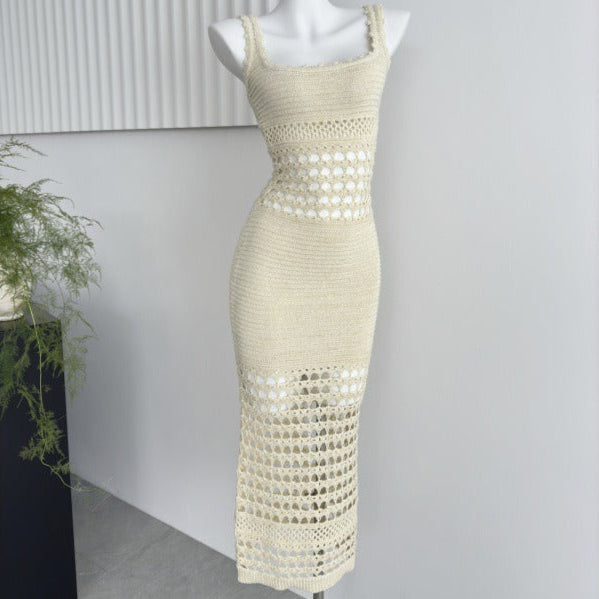 Vestido Punto Calado Cintura Ajustada Elegante
