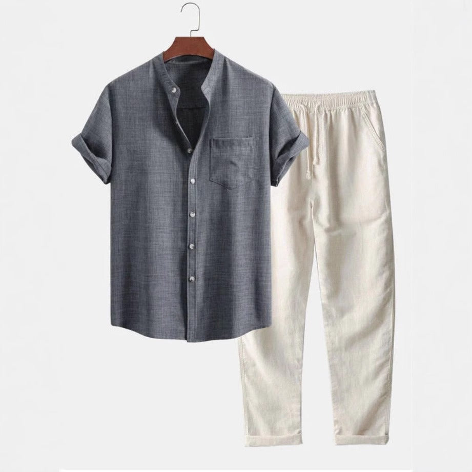 Traje de lino hombre cuello mao pantalón recto