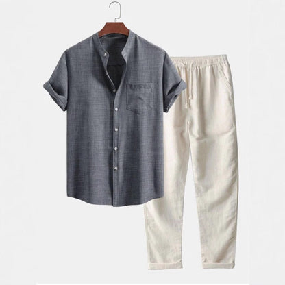 Traje de lino hombre cuello mao pantalón recto