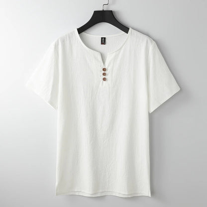Camiseta Hombre Lino Cuello Redondo Con Botones
