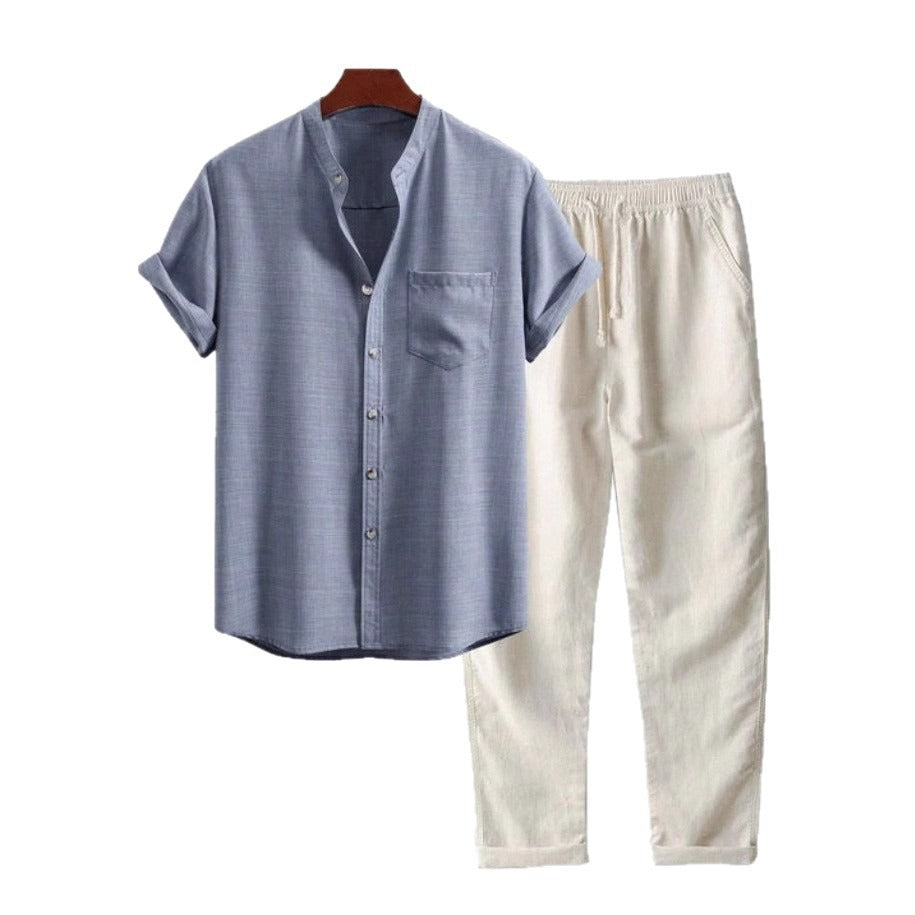 Traje de lino hombre cuello mao pantalón recto