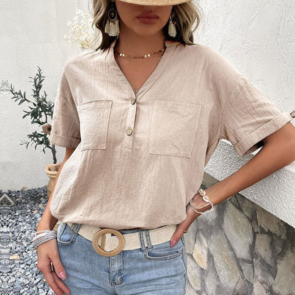 Blusa Mujer Lino Fresca Escote V Manga Corta - Vestiria