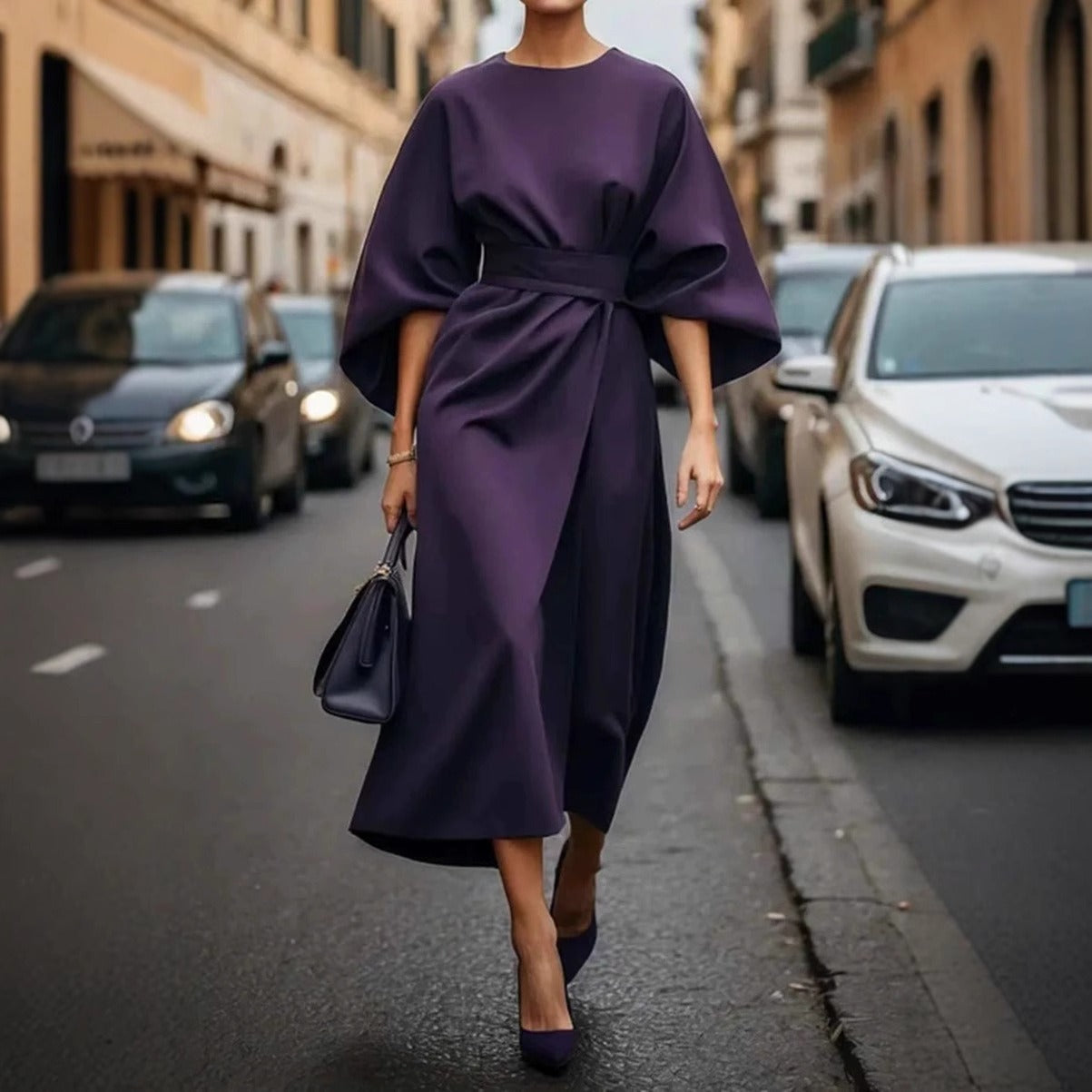 Vestido Mujer Manga Ancha Largo Cinturón Chic