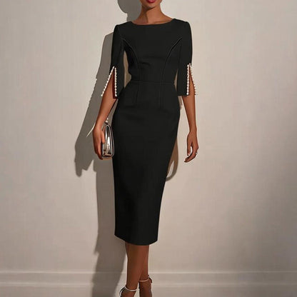 Vestido Mujer Elegante Cuello Alto Perlas - Vestiria