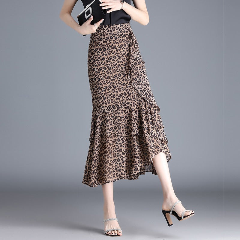 Falda Midi Gasosa Estampada Leopard con Volantes