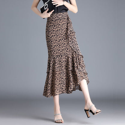 Falda Midi Gasosa Estampada Leopard con Volantes