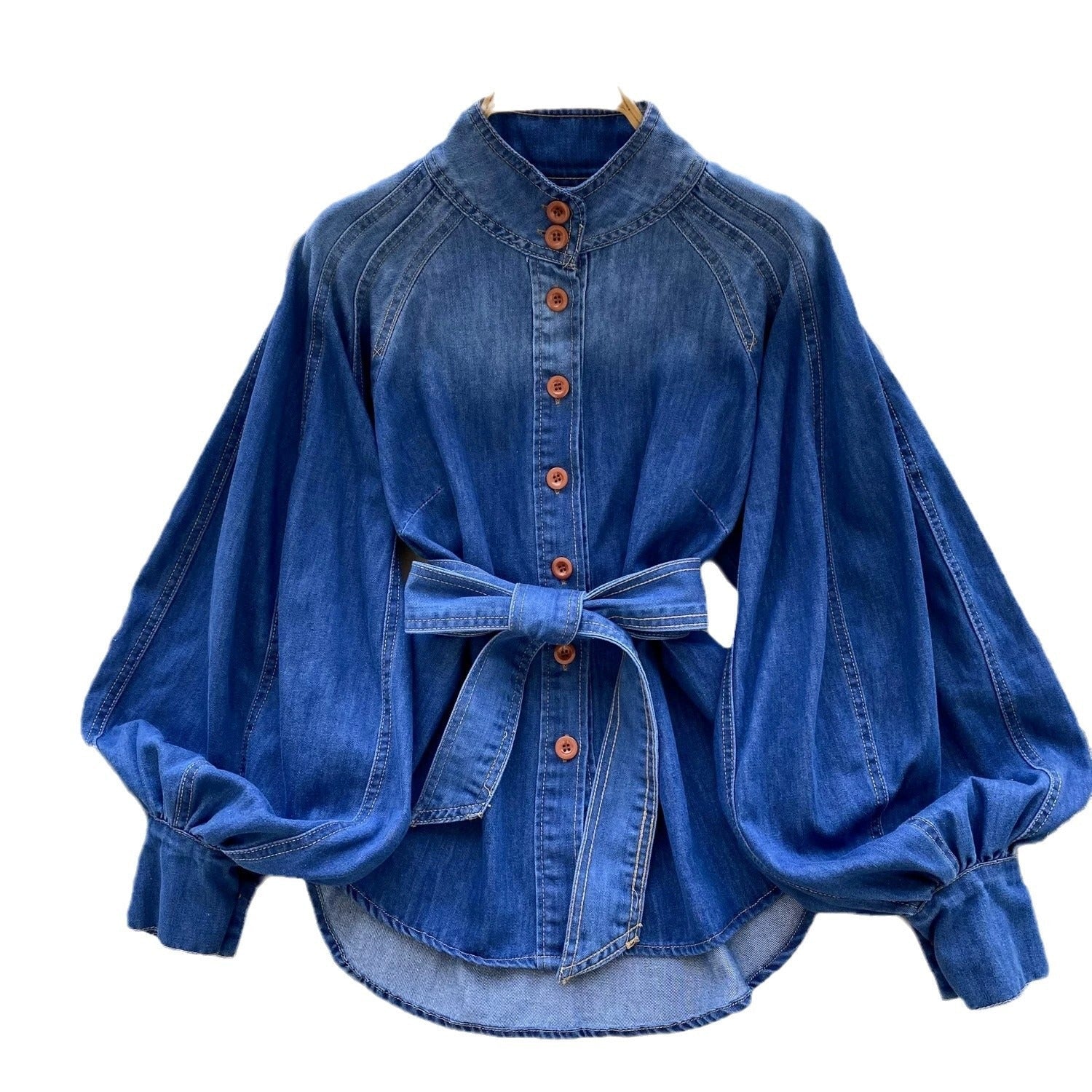 Blusa Mujer Azul Jeans Con Mangas Rizadas - Vestiria
