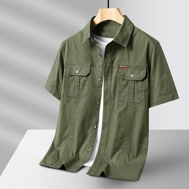 Camisa Hombre Manga Corta Algodón Estilo Militar