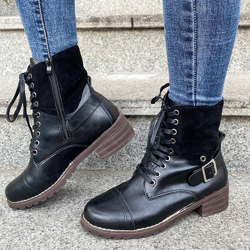Botas Mujer Cuero Imitación Militar con Cordones
