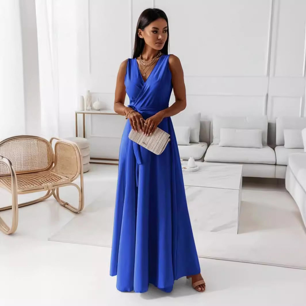 Vestido largo sin mangas cruzado elegante mujer