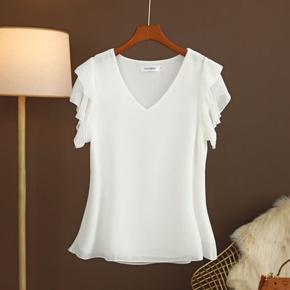 Blusa de mujer gasa ligera con volantes y escote pico