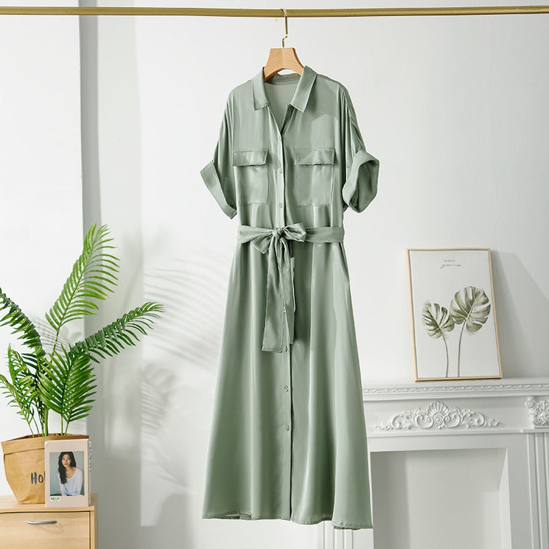 Vestido Mujer Midi Satinado Cinturón Estilo Clásico - Vestiria