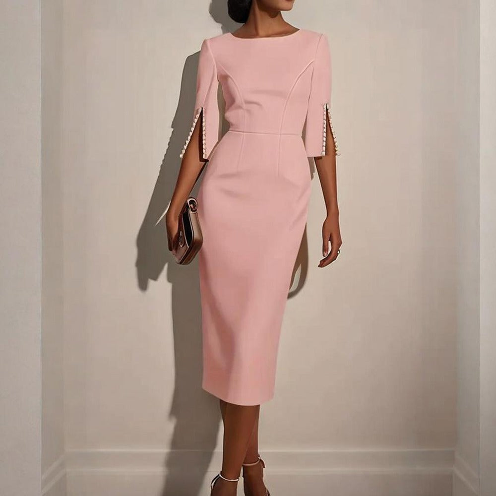 Vestido Mujer Elegante Cuello Alto Perlas