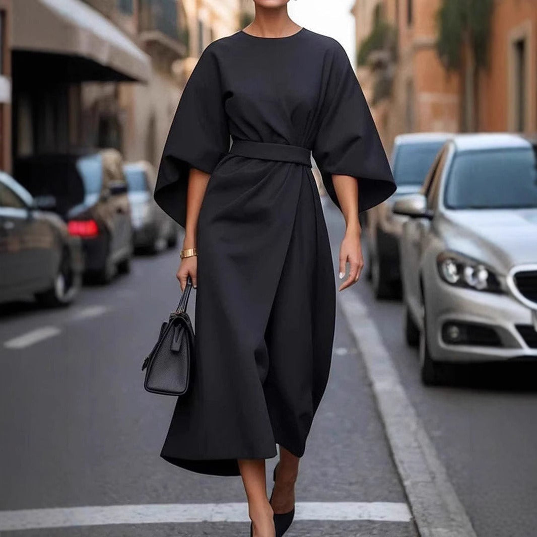 Vestido Mujer Manga Ancha Largo Cinturón Chic