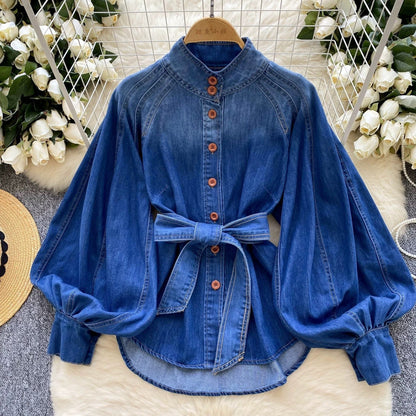 Blusa Mujer Azul Jeans Con Mangas Rizadas