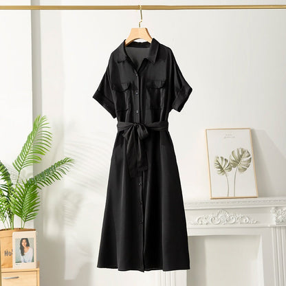 Vestido Mujer Midi Satinado Cinturón Estilo Clásico