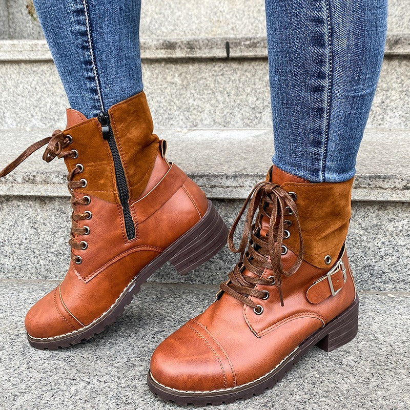Botas Mujer Cuero Imitación Militar con Cordones - Vestiria