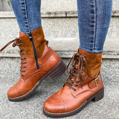 Botas Mujer Cuero Imitación Militar con Cordones - Vestiria