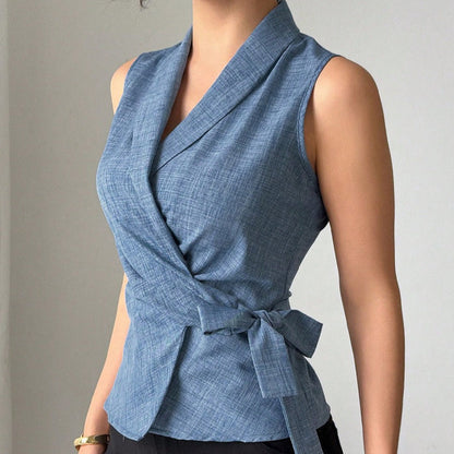 Blusa de lino sin mangas ajustada mujer