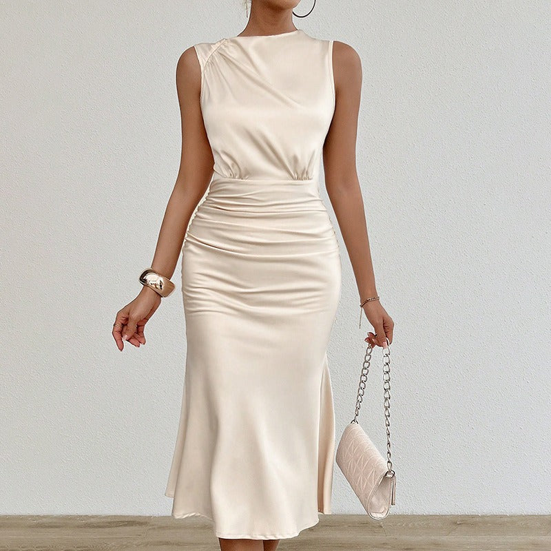 Vestido Mujer Satén Elegante Cintura Marcada