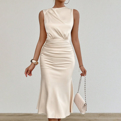 Vestido Mujer Satén Elegante Cintura Marcada