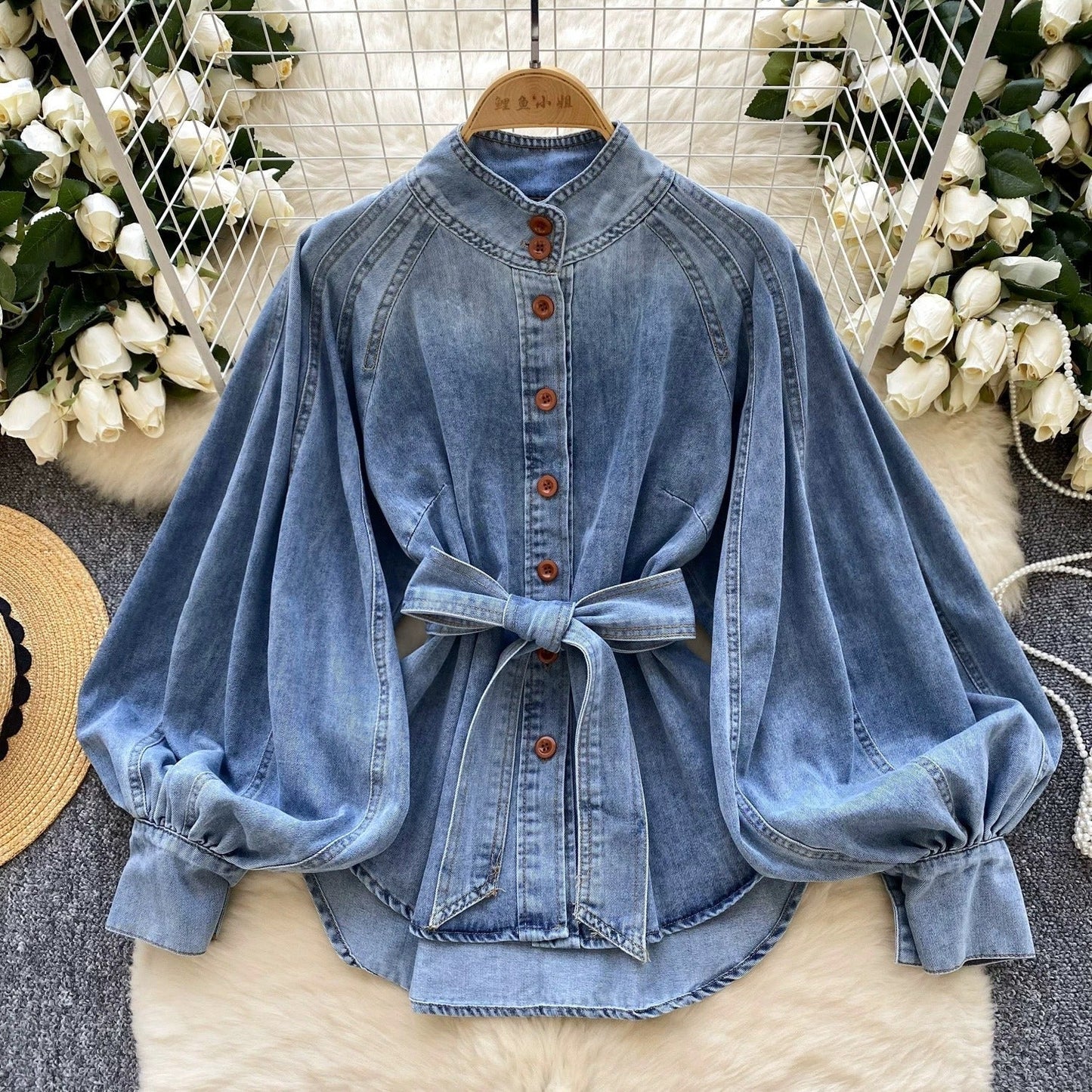 Blusa Mujer Azul Jeans Con Mangas Rizadas