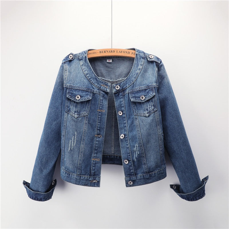Chaqueta denim mujer cuello redondo con bolsillos - Vestiria