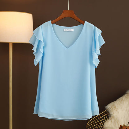 Blusa de mujer gasa ligera con volantes y escote pico