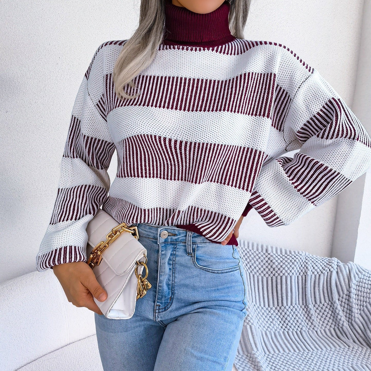 Jersey mujer cuello alto rayas grandes suave