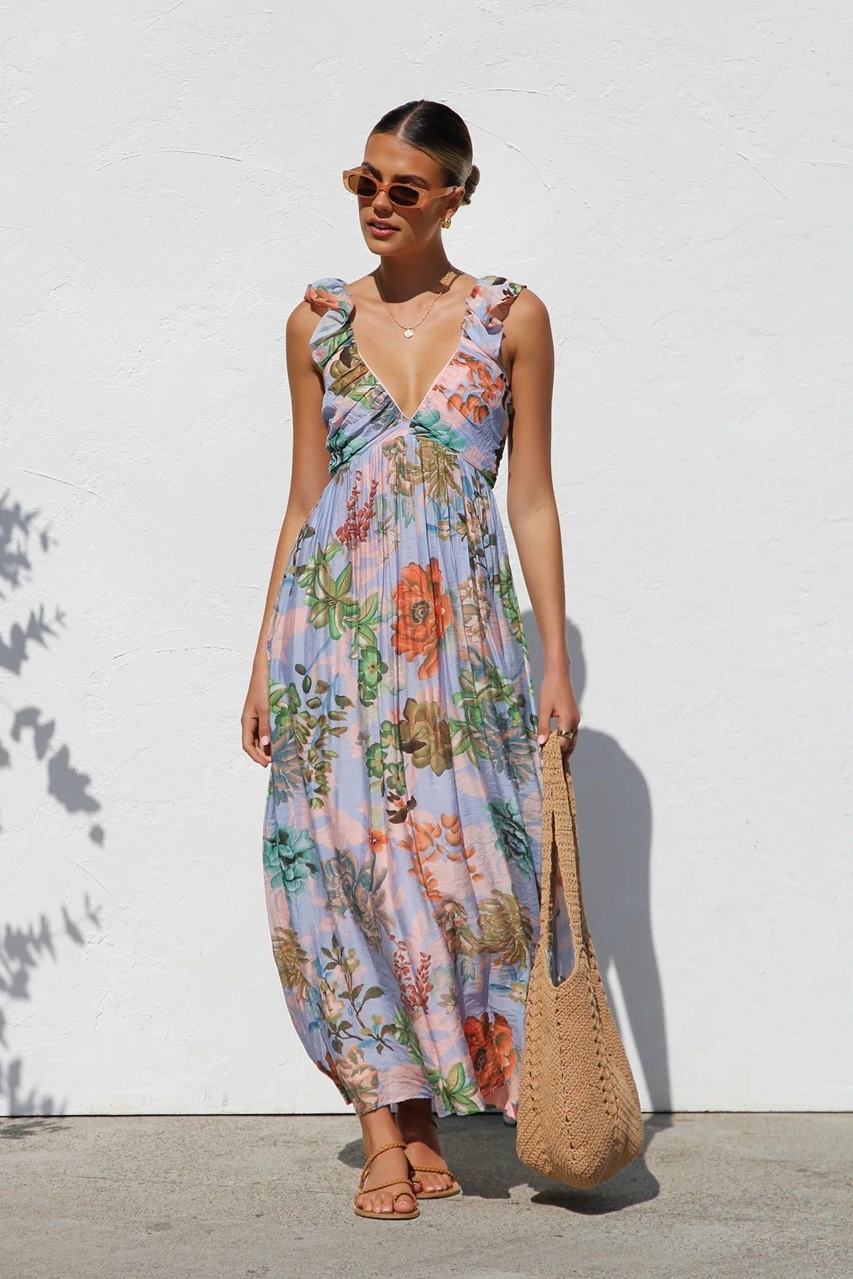 Vestido Elegante Mujer Estampado Floral Escote V