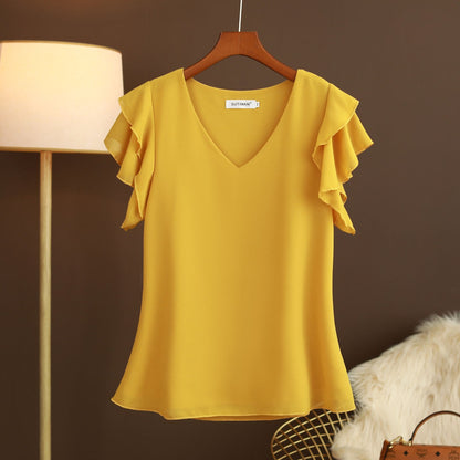 Blusa de mujer gasa ligera con volantes y escote pico