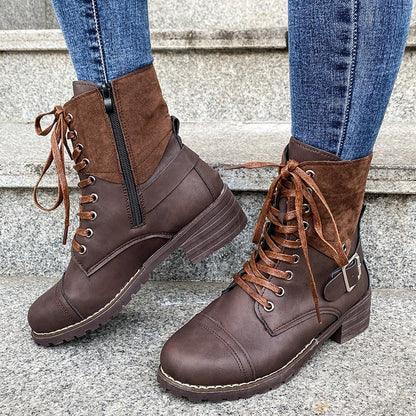 Botas Mujer Cuero Imitación Militar con Cordones
